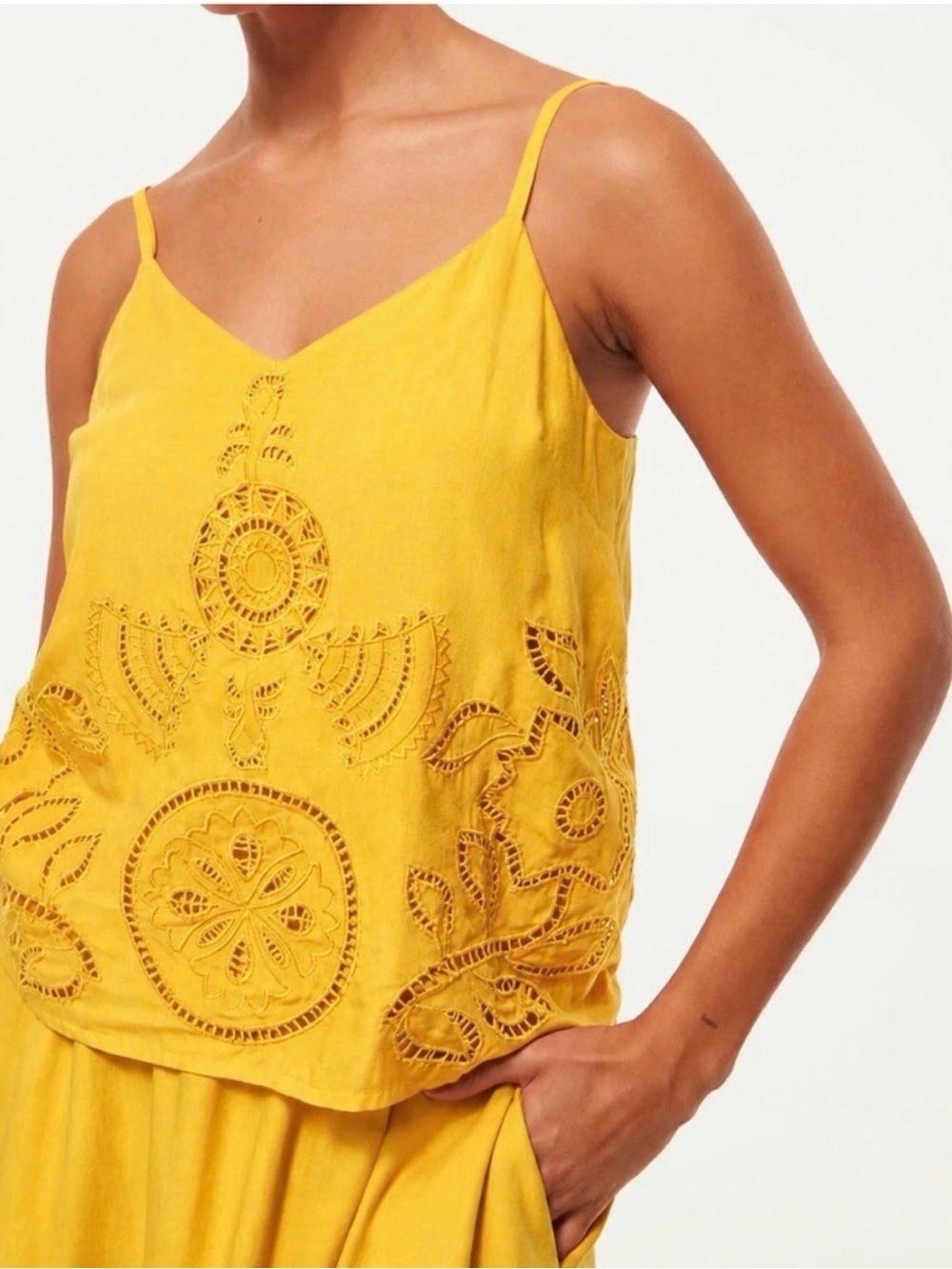 Misa Los Angeles Marcela Mustard Yellow Embroidered Cutwork Camisole
